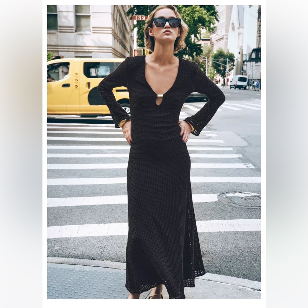 Zara NWT black open weave V-neck midi dress long sleeve gold accents size XS
